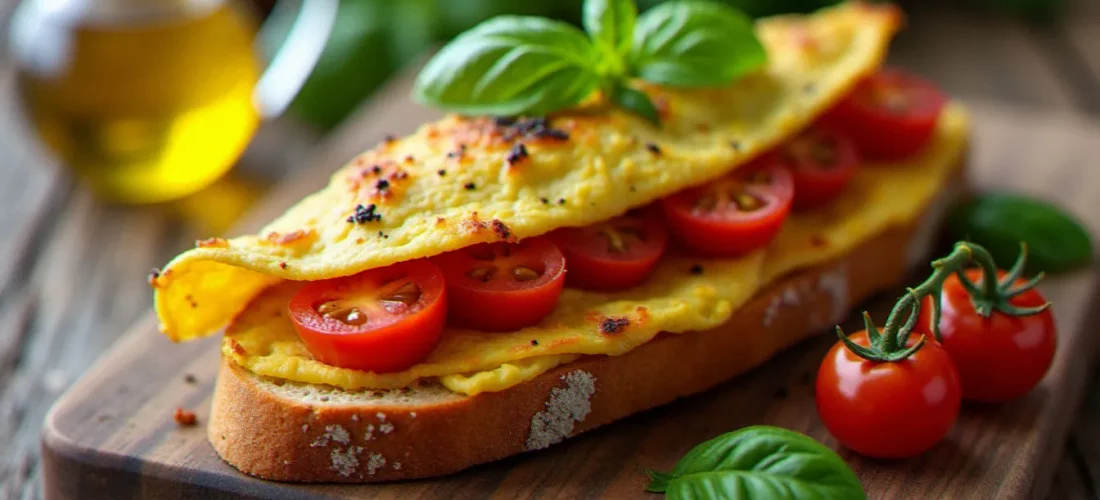 Bruschetta omelette italienne garnie de tomates cerises rôties et de basilic frais, posée sur une planche en bois rustique avec un filet d'huile d'olive