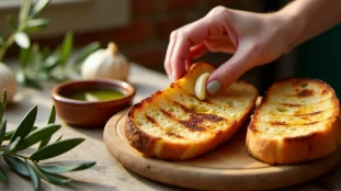 Tranches de pain grillé sur table rustique romaine, illustrant la bruschetta et son origine dans la tradition culinaire italienne