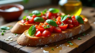 Bruschetta italienne authentique sur pain de campagne grillé, garnie de tomates fraîches, basilic et huile d'olive extra vierge, servie sur une table en bois rustique