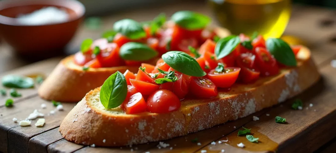 Bruschetta italienne authentique sur pain de campagne grillé, garnie de tomates fraîches, basilic et huile d'olive extra vierge, servie sur une table en bois rustique