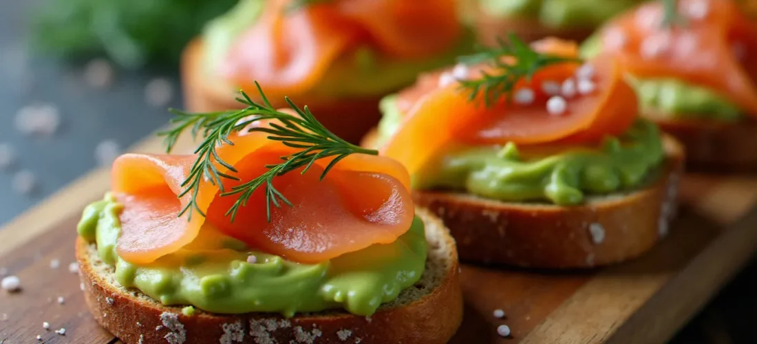 Bruschetta saumon avocat garnies d'aneth frais et de baies roses, disposées sur une planche en bois rustique