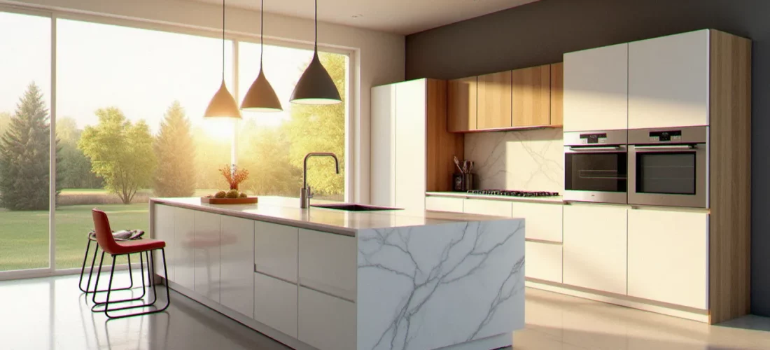 Cuisine équipée italienne haut de gamme avec îlot central en marbre de Carrare et façades laquées blanc, exemple représentatif du design et des prix haut de gamme italiens
