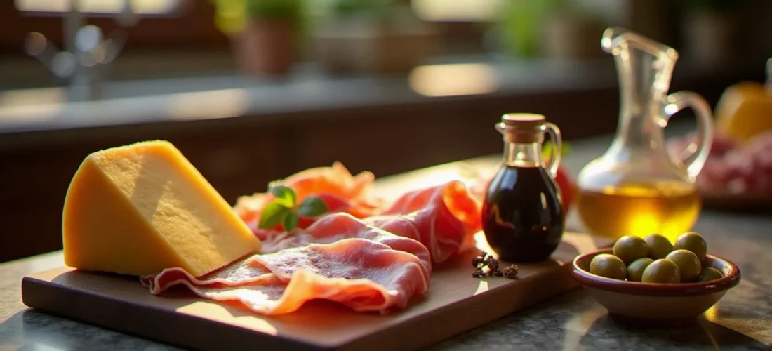 Sélection de cuisine haut de gamme italienne — Parmigiano Reggiano, Prosciutto di Parma et vinaigre balsamique traditionnel de Modène sur une table en marbre