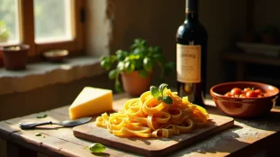 Table de cuisine italienne rustique avec des pâtes fraîches maison, sauce tomate San Marzano et Parmigiano Reggiano, illustration de la cuisine ital recette traditionnelle au quotidien