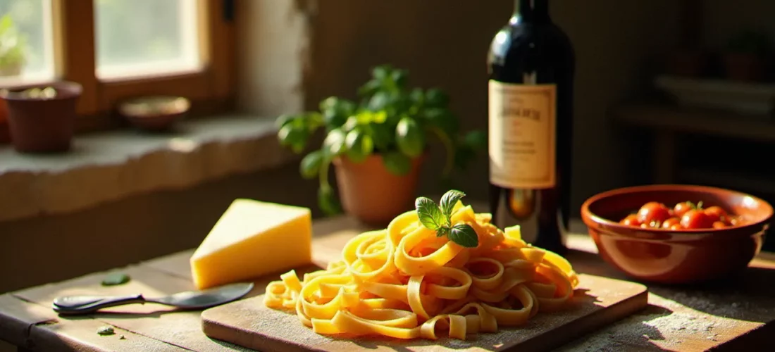 Table de cuisine italienne rustique avec des pâtes fraîches maison, sauce tomate San Marzano et Parmigiano Reggiano, illustration de la cuisine ital recette traditionnelle au quotidien