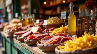 Étal de marché italien avec jambons crus, roues de parmesan, huile d'olive et pâtes fraîches représentant la diversité des prix de la cuisine italienne