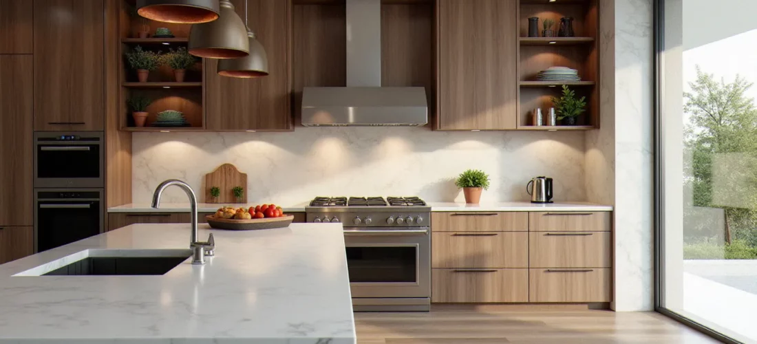 Cuisine italienne design contemporaine avec plan de travail en marbre de Carrare, armoires en noyer massif et îlot central éclairé par des suspensions dorées