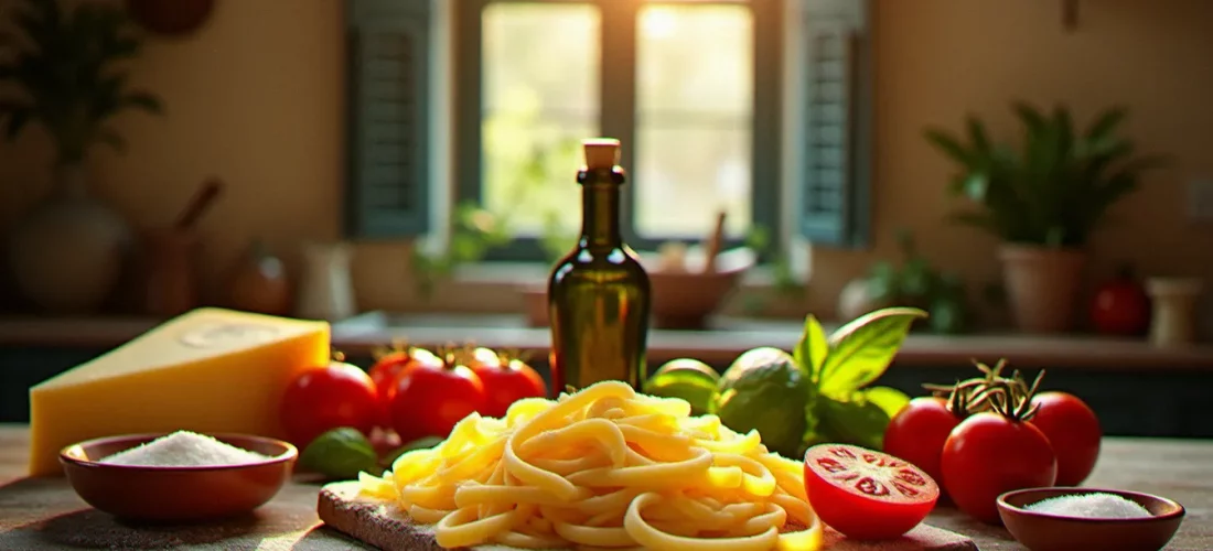 Table en bois rustique avec Parmigiano Reggiano, huile d'olive, basilic frais et tagliatelles artisanales illustrant la richesse de la cuisine italienne