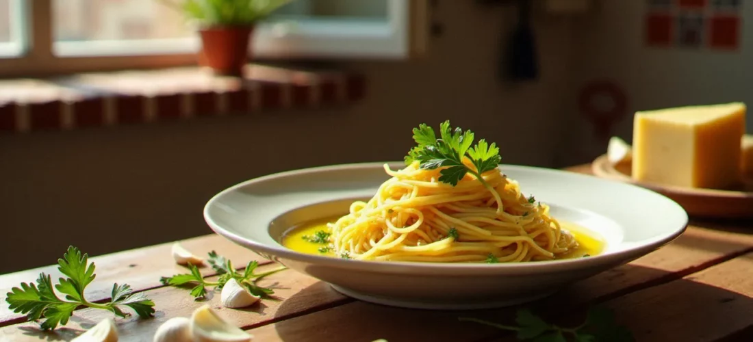 Bol de spaghetti aglio e olio brillants à l'huile d'olive sur une table en bois rustique, exemple parfait de cuisine italienne facile et authentique