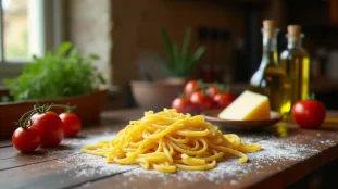 Table en bois rustique garnie de pâtes fraîches, tomates San Marzano, Parmigiano Reggiano et huile d'olive, illustrant la cuisine italienne en France dans toute son authenticité