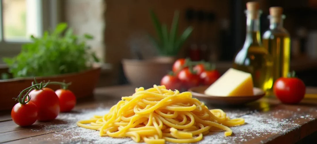 Table en bois rustique garnie de pâtes fraîches, tomates San Marzano, Parmigiano Reggiano et huile d'olive, illustrant la cuisine italienne en France dans toute son authenticité