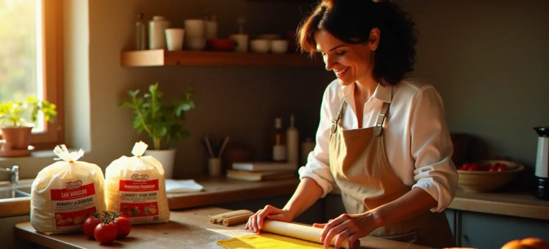 Chiara Romano préparant des pâtes fraîches dans une cuisine lyonnaise avec des produits de cuisine italienne authentiques disposés sur le plan de travail