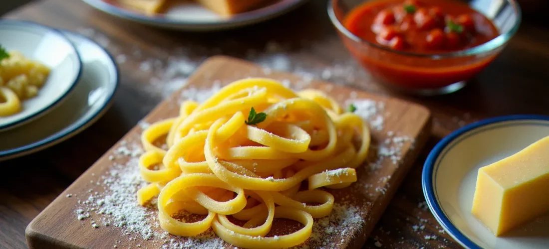Table de cuisine italienne traditionnelle avec des pâtes fraîches faites main, du Parmigiano Reggiano et une sauce tomate, illustrant la cuisine italienne patrimoine UNESCO