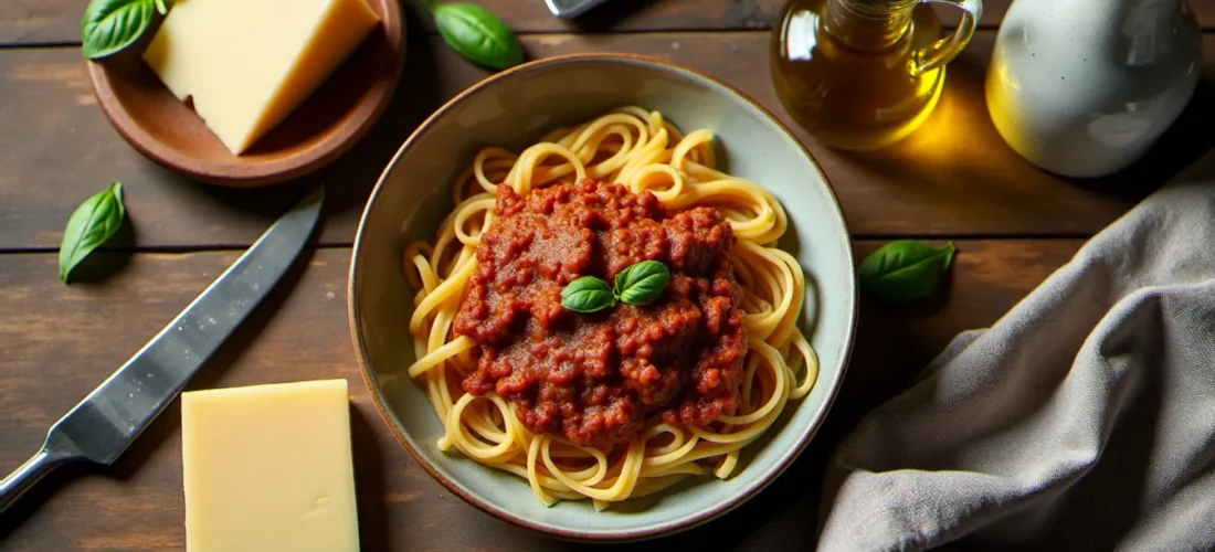 Table italienne avec un bol de tagliatelle au ragù bolognese, un bloc de Parmigiano Reggiano et une cruche d'huile d'olive extra vierge, illustrant la richesse de la cuisine italienne