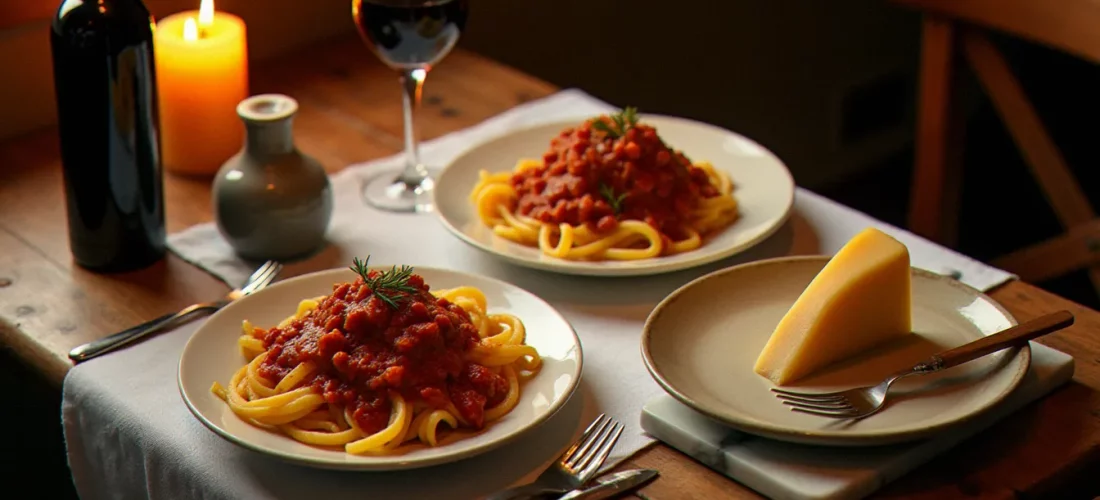 Table dressée dans une trattoria italienne avec des tagliatelle al ragù et du parmesan, illustrant le rapport qualité-prix de la cuisine italienne