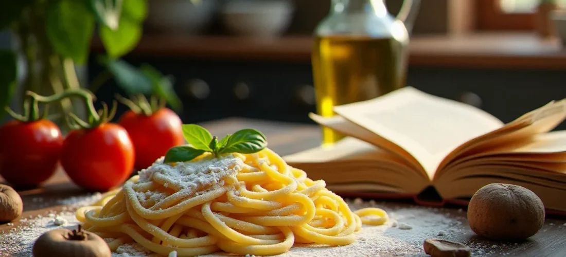 Livres de cuisine italienne ouverts sur un plan de travail rustique avec pâtes fraîches, tomates San Marzano et huile d'olive, illustrant l'univers des recettes italiennes authentiques
