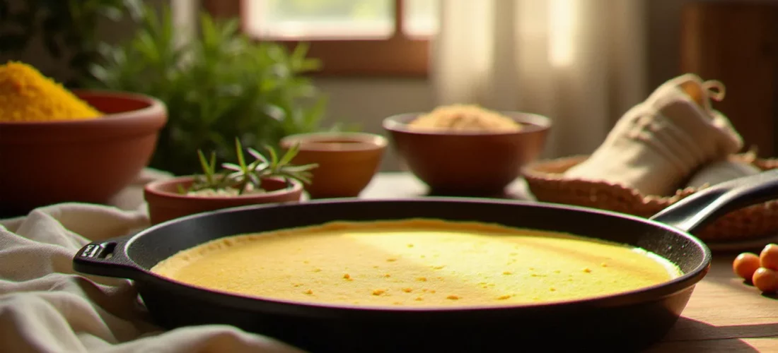 Table rustique italienne avec des ingrédients de cuisine italienne sans gluten : farine de pois chiches, polenta, riz arborio et farinata dorée dans une poêle en fonte, éclairée à la lumière naturelle.