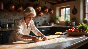 Une femme italienne âgée étirant à la main une sfoglia de pâtes fraîches aux œufs dans une cuisine rurale d'Émilie-Romagne, illustrant le savoir-faire artisanal de la cuisine italienne patrimoine UNESCO