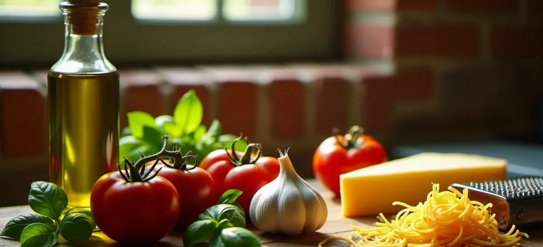 Ingrédients de base de la cuisine traditionnelle italienne disposés sur une table en bois rustique : huile d'olive, tomates San Marzano, ail frais, basilic, parmesan et pâtes sèches.