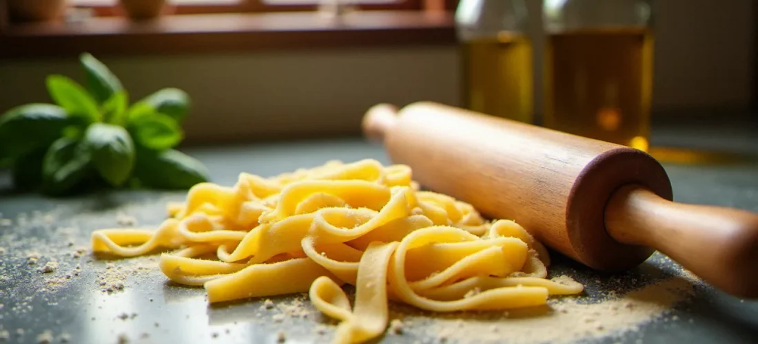 Cuisinière en train de préparer de la cuisine traditionnelle italienne en étalant une pâte fraîche sur un plan de travail en pierre avec un rouleau en bois