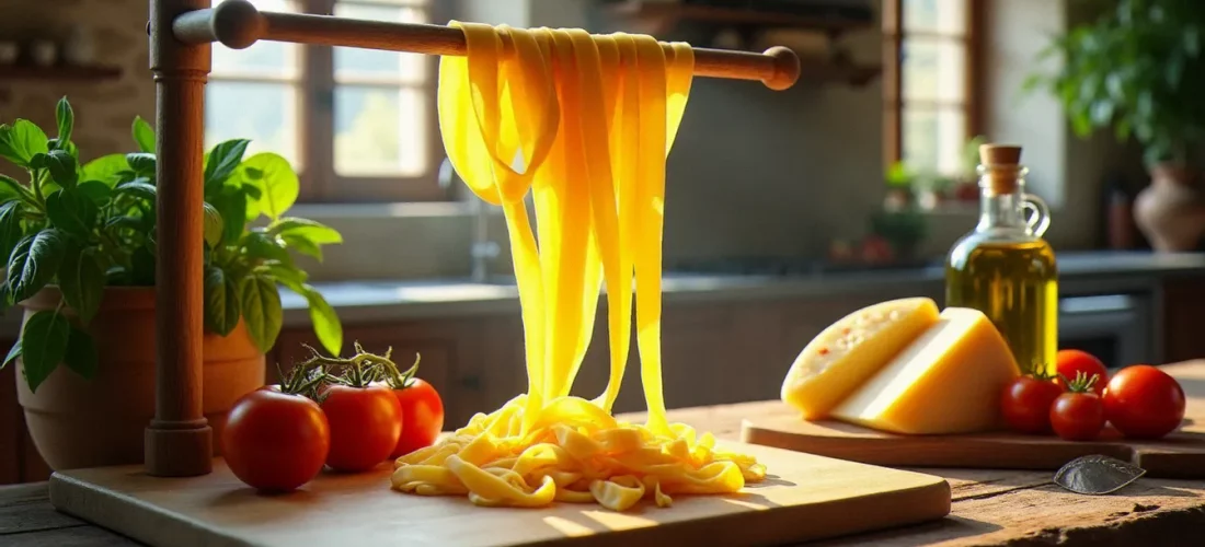 Cuisine italienne authentique avec pâtes fraîches, parmesan et tomates San Marzano sur une table en bois dans une ferme piémontaise