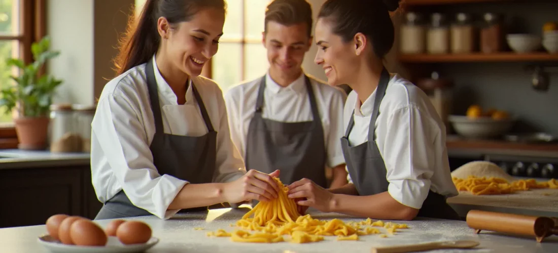 Cours de formation cuisine italienne en France avec une cheffe italienne démontrant la fabrication de pâtes fraîches à des élèves attentifs dans une cuisine professionnelle lumineuse