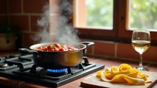 Sauce italienne à la Francesca mijotant dans une casserole en fonte, avec des tagliatelles fraîches maison sur une planche en bois, lumière naturelle de cuisine rustique