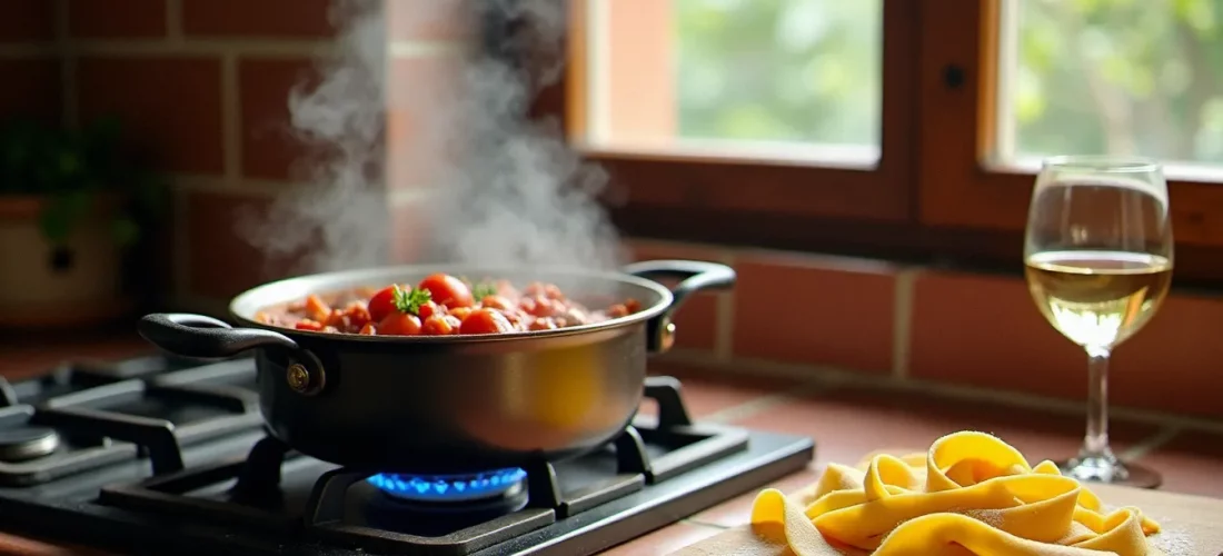 Sauce italienne à la Francesca mijotant dans une casserole en fonte, avec des tagliatelles fraîches maison sur une planche en bois, lumière naturelle de cuisine rustique
