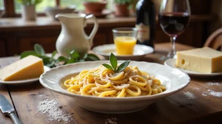 Table de cuisine italienne piémontaise avec des tajarin faits maison, beurre noisette, sauge fraîche et Parmigiano Reggiano, évoquant la cuisine italienne authentique de Francesco
