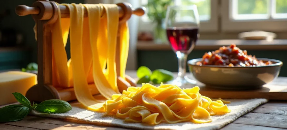 Table de cuisine italienne rustique avec des tagliatelles fraîches maison, un ragù en train de mijoter et un morceau de Parmigiano Reggiano, illustration de la gastronomie italienne recette traditionnelle