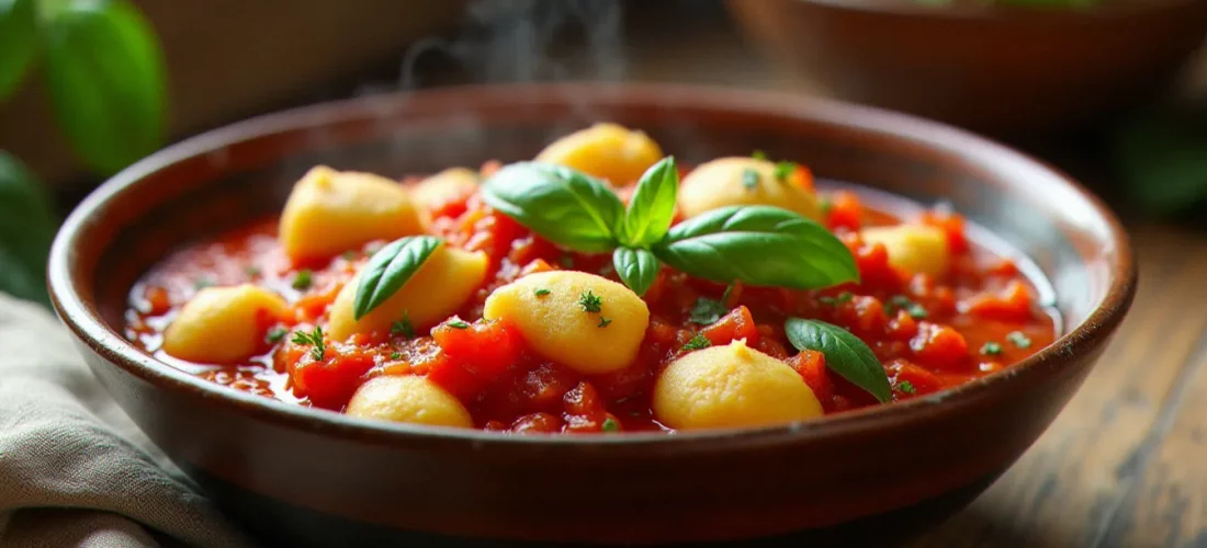 Bol en céramique rustique contenant des gnocchi tomates mozzarella nappés de sauce San Marzano avec mozzarella fondante et basilic frais