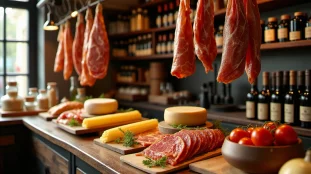 Comptoir d'épicerie italienne fine à Lyon avec jambons IGP, meules de Parmigiano Reggiano et huiles d'olive DOP — illustration d'un avis sur ital gastronomie authentique