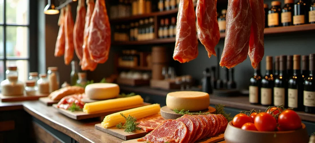 Comptoir d'épicerie italienne fine à Lyon avec jambons IGP, meules de Parmigiano Reggiano et huiles d'olive DOP — illustration d'un avis sur ital gastronomie authentique