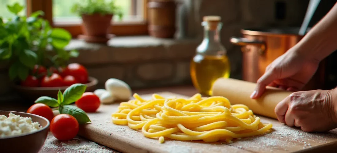 Comptoir de cuisine italienne rustique avec pâte fraîche étalée à la main, huile d'olive, tomates et basilic frais évoquant la cuisine italienne dans toute son authenticité