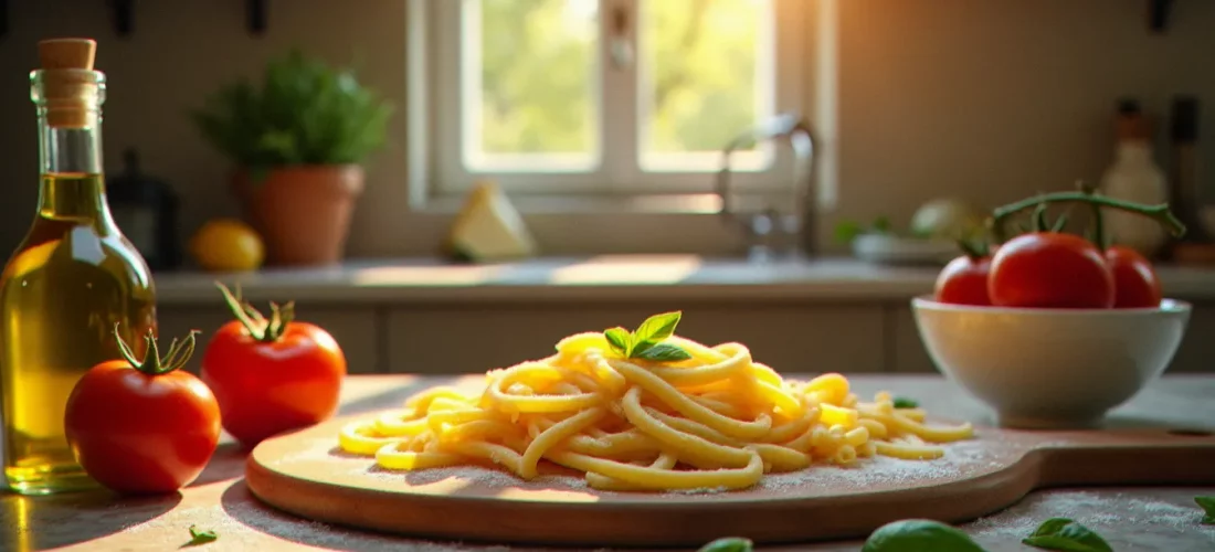 Cuisine italienne authentique avec pâtes fraîches maison, tomates San Marzano, Parmigiano Reggiano et huile d'olive extra vierge sur un plan de travail en marbre.