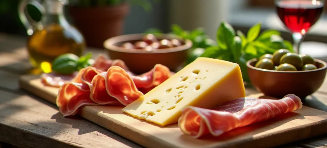 Plateau de charcuterie et fromages italiens avec Parmigiano Reggiano, Prosciutto di Parma et huile d'olive extra-vierge, incarnant tout ce que la cuisine italienne est plus que des clichés