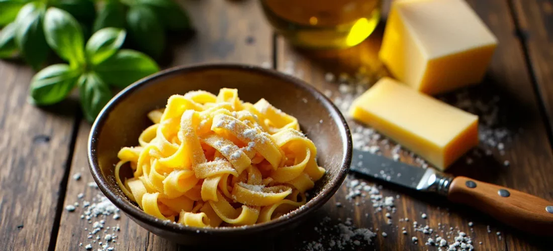 Table de cuisine italienne authentique avec des tagliatelles fraîtes, du parmesan, de l'huile d'olive et du basilic — illustration de la cuisine italienne comme tradition vivante