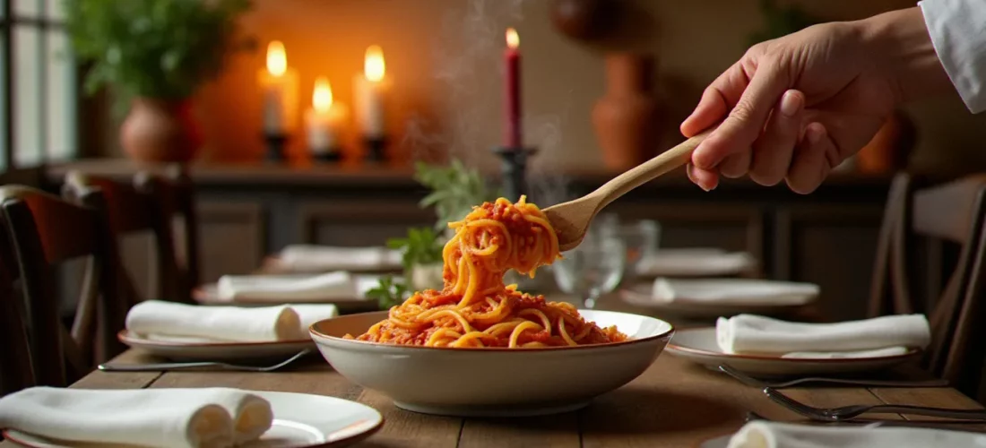 Salle de trattoria italienne aux bougies avec tagliatelles al ragù fraîchement dressées, évoquant l'ambiance authentique de La Bella Vita cuisine italienne