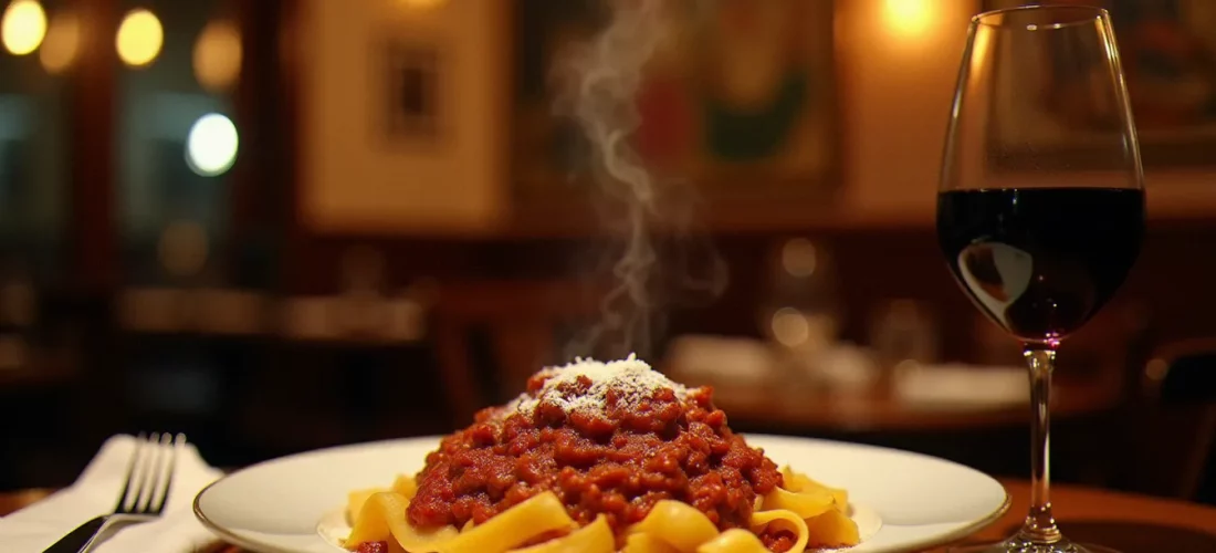 Table de restaurant La Santa Lucia avec assiette de tagliatelle au ragù et verre de vin rouge, atmosphère chaleureuse de trattoria italienne
