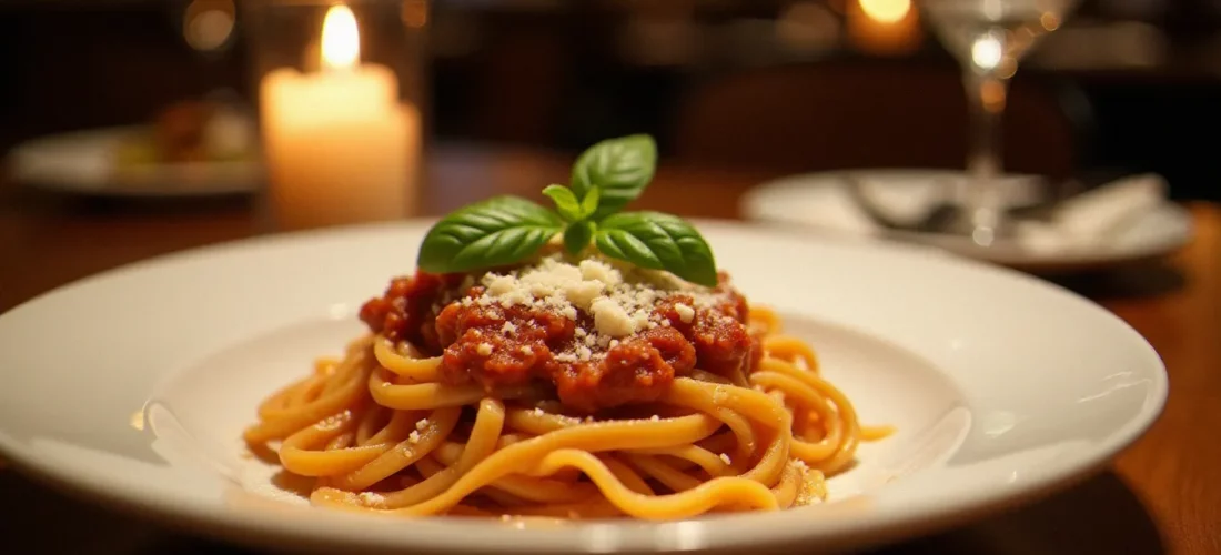 Assiette de tagliatelle fraîches al ragù bolognese avec parmigiano reggiano râpé, servie dans un restaurant de cuisine italienne comme La Squadra, lumière tamisée et ambiance chaleureuse