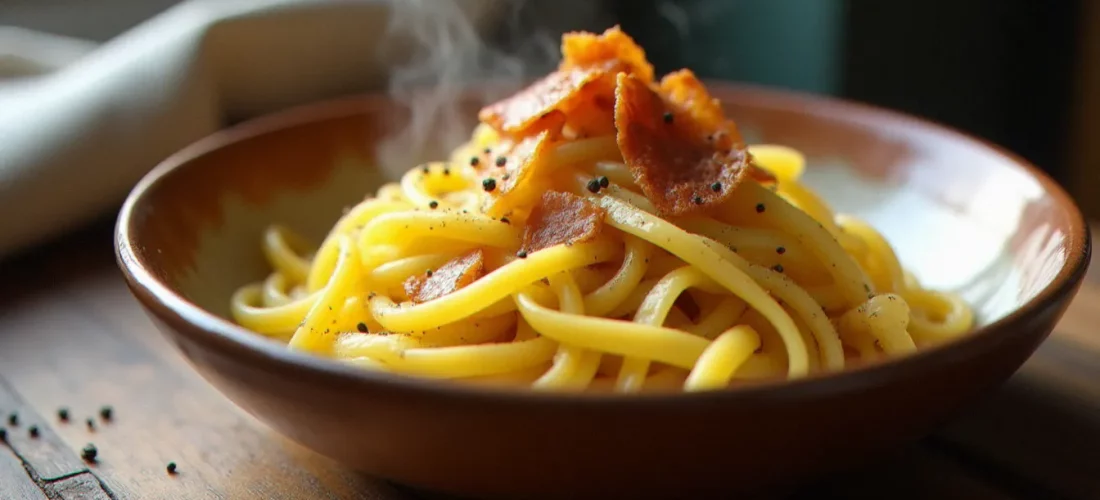 Un bol en céramique rustique contenant des linguine carbonara pasta brillantes, nappées d'une sauce dorée aux œufs et au pecorino romano, garnies de guanciale croustillant et de poivre noir fraîchement moulu