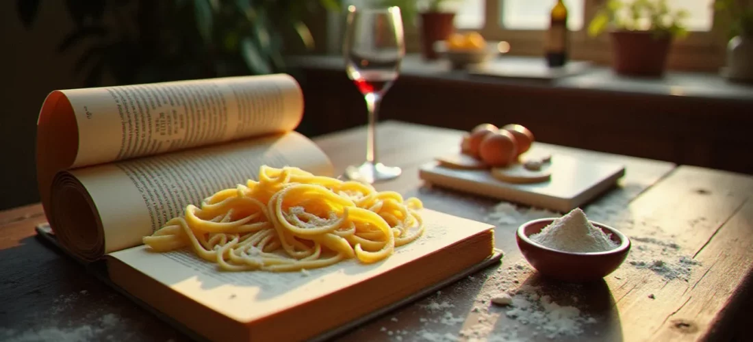 Le livre cuisine italienne Francesca ouvert sur une table en bois avec de la pâte à tagliatelle fraîche, un verre de Barolo et de la farine 00 dans une lumière chaleureuse