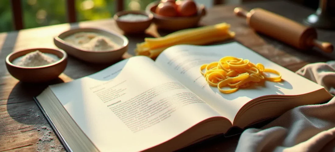 Livre de cuisine italienne sans gluten ouvert sur une table en bois rustique, entouré de farines alternatives et de pâtes fraîches maison