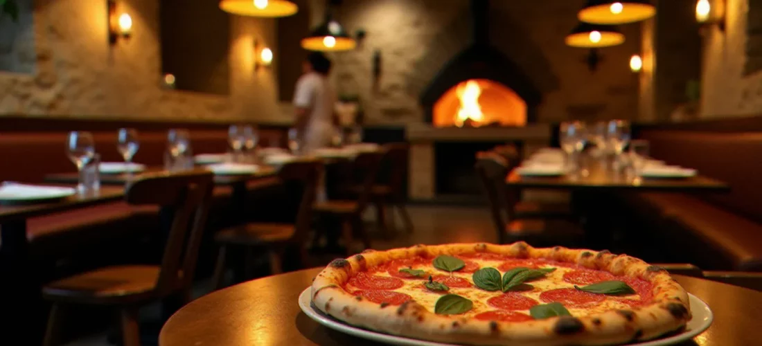 Intérieur chaleureux d'une pizzeria italienne avec four à bois et pizza Margherita fumante sur table en bois, ambiance trattoria authentique évoquant l'expérience Mima Pizzeria & Cuisine Italienne