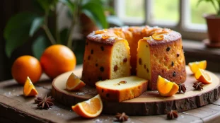 Panettone italien artisanal entier et tranché sur une table en bois, révélant une mie filante avec des raisins secs et des écorces d'oranges confites