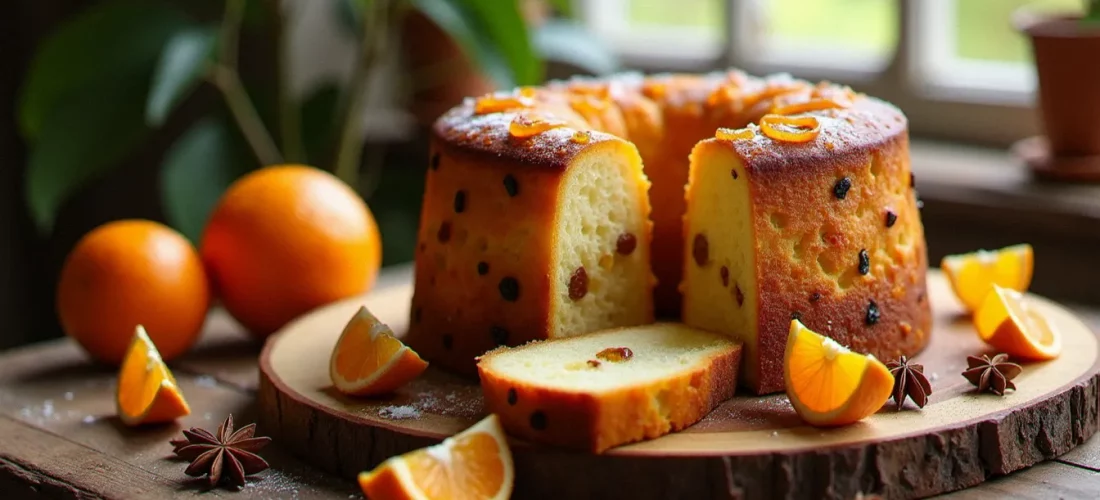 Panettone italien artisanal entier et tranché sur une table en bois, révélant une mie filante avec des raisins secs et des écorces d'oranges confites