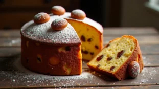 Panettone marron glacé artisanal entier et tranché, avec des marrons glacés entiers sur le dessus et une mie aérée parsemée de morceaux de marrons confits