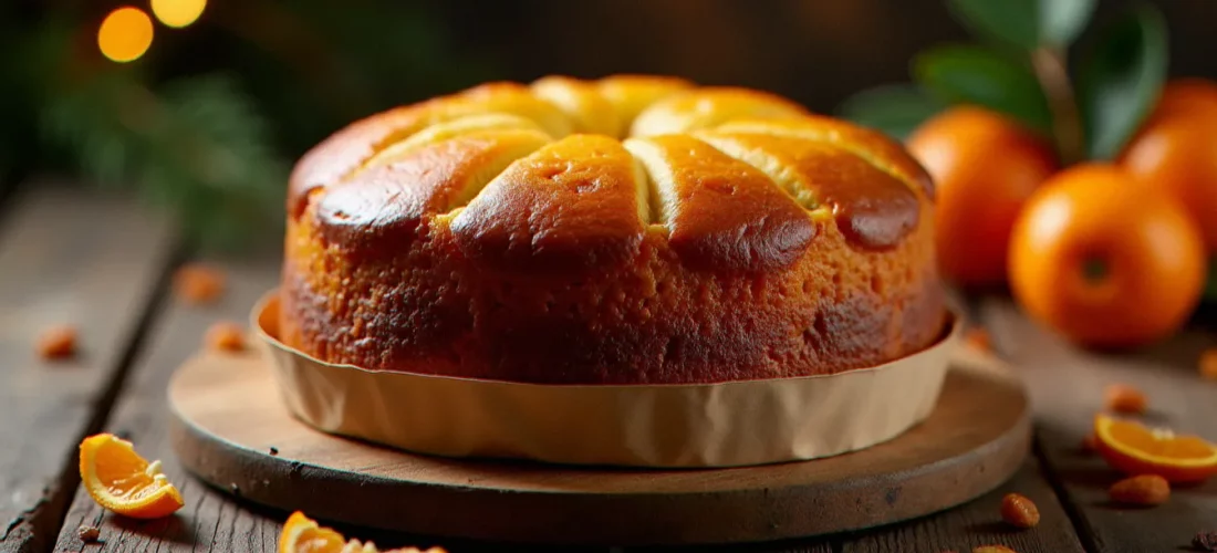 Un panettone entier dans son moule cylindrique en papier brun, dôme doré avec incisions traditionnelles, posé sur une table en bois avec des zestes d'orange confits et des raisins secs