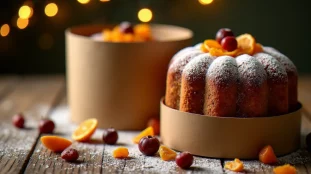 Panettone Motta dans sa boîte cylindrique illustrée, posé sur une table en bois avec des raisins secs et des écorces d'orange confites autour.