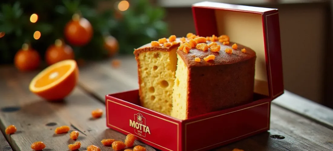 Panettone Motta dans sa boîte traditionnelle rouge et or, posé sur une table en bois avec des zestes d'orange confits et des raisins secs, lumière naturelle chaleureuse
